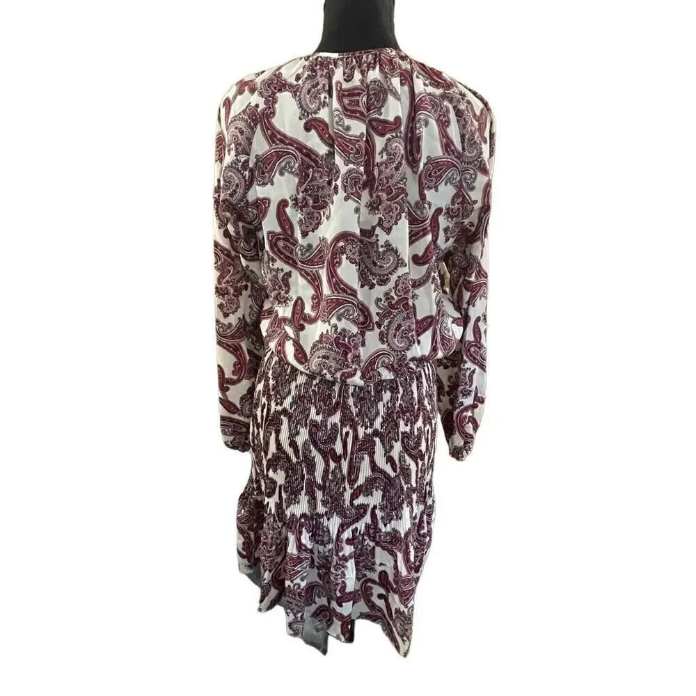 MICHAEL KORS Womens Pleated Dress Ivory Ruffled Pullover Paisley Long Sleeve M